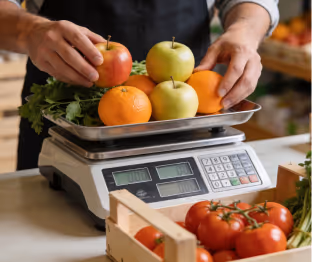 Pessoa pesando maçãs verdes e vermelhas e laranjas em uma balança digital, com tomates frescos em uma caixa ao lado.