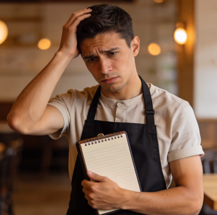 Jovem garçon com expressão confusa e preocupado segurando um bloco de notas vazio em um restaurante.