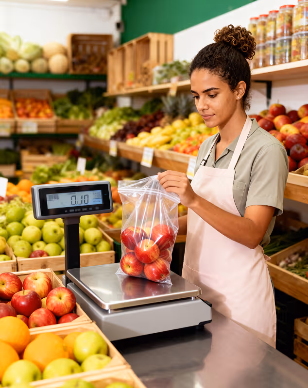 Mulher pesando maçãs vermelhas embaladas em um saco plástico em uma balança digital em mercado de frutas.
