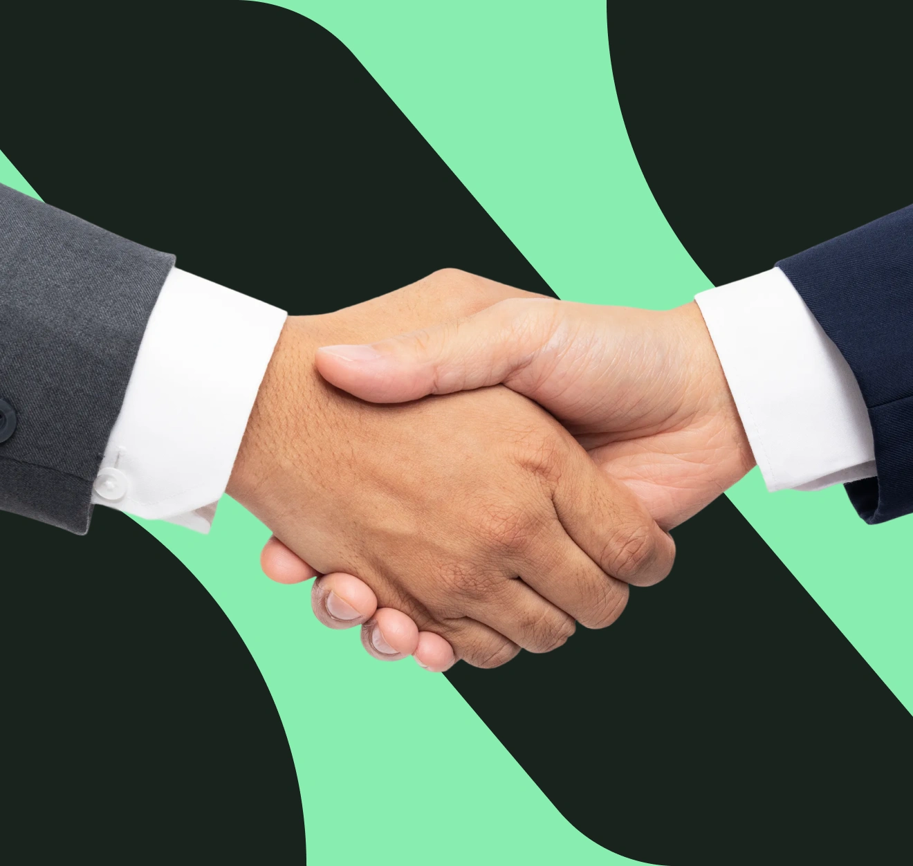 Two diverse businesspeople shaking hands in formal suits with a green and black abstract background.
