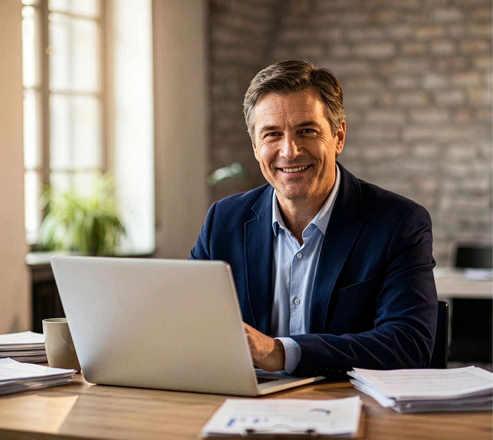 Smiling middle-aged man in a navy blazer working on a laptop at a wooden desk with papers and a coffee mug.