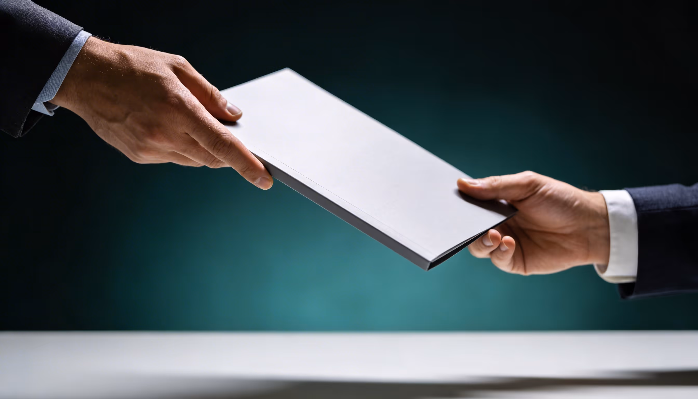 Two hands exchanging a closed white folder against a dark green background.