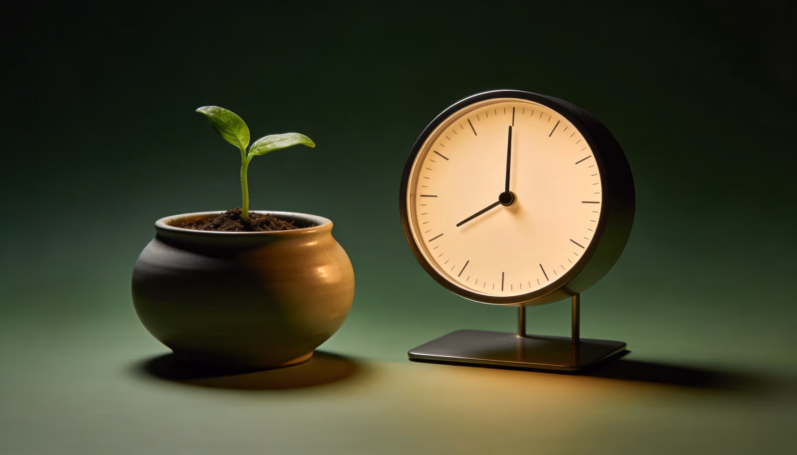 A small plant sprouting in a pot next to a round clock showing 8:00 against a dark green background.