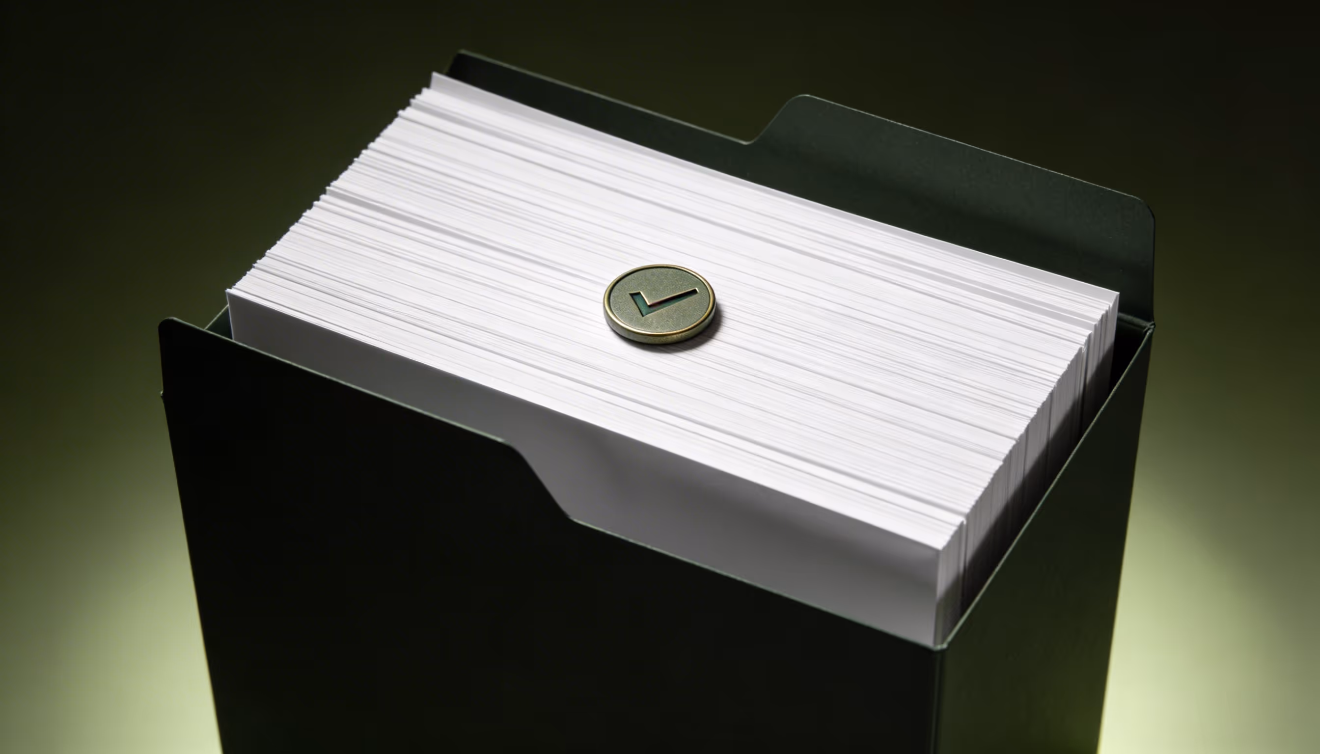 A large stack of white index cards with a metal checkmark token on top inside a dark green filing box.