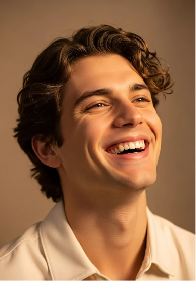 A man with curly hair smiling and wearing a white shirt.
