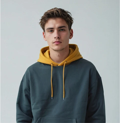 A young man wearing a green and yellow hoodie.