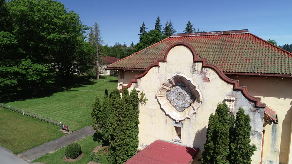 swift center close up of the ornate window on the the hub assembly hall, a historic spanish colonial revival building