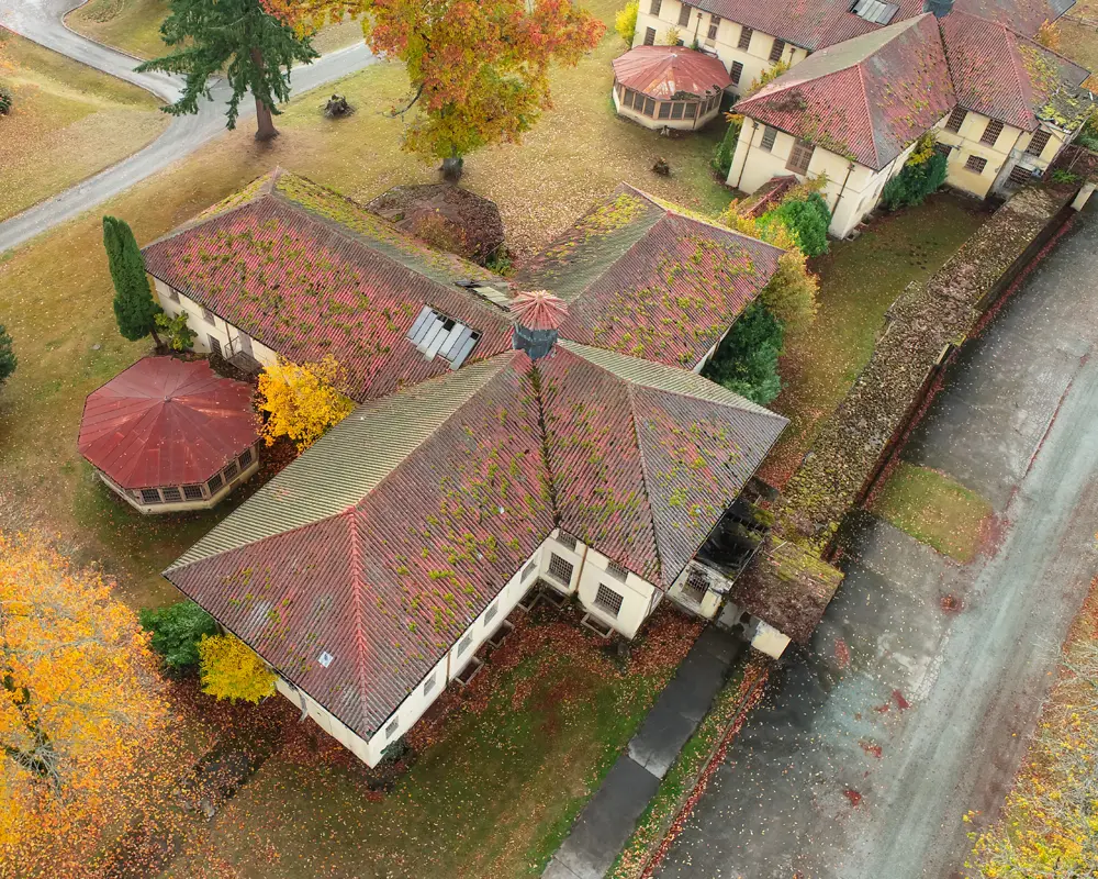 swift center aerial view of frasier and gray historic dorm buildings in need of restoration. Red roofs with fall foliage and trees surrounding the buildings.
