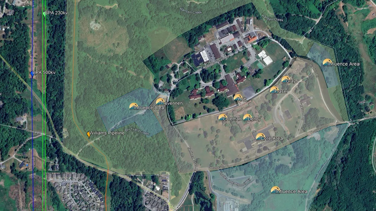 adaptive reuse projects swift center aerial view of entire campus with core and influence areas identified