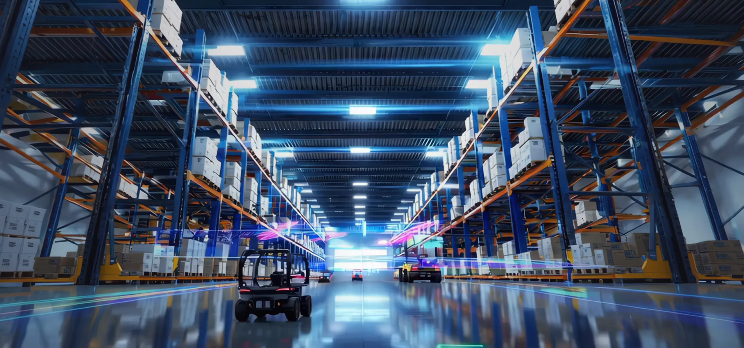 Modern warehouse interior with tall blue and orange shelves filled with boxes and autonomous forklifts moving along reflective floor paths.