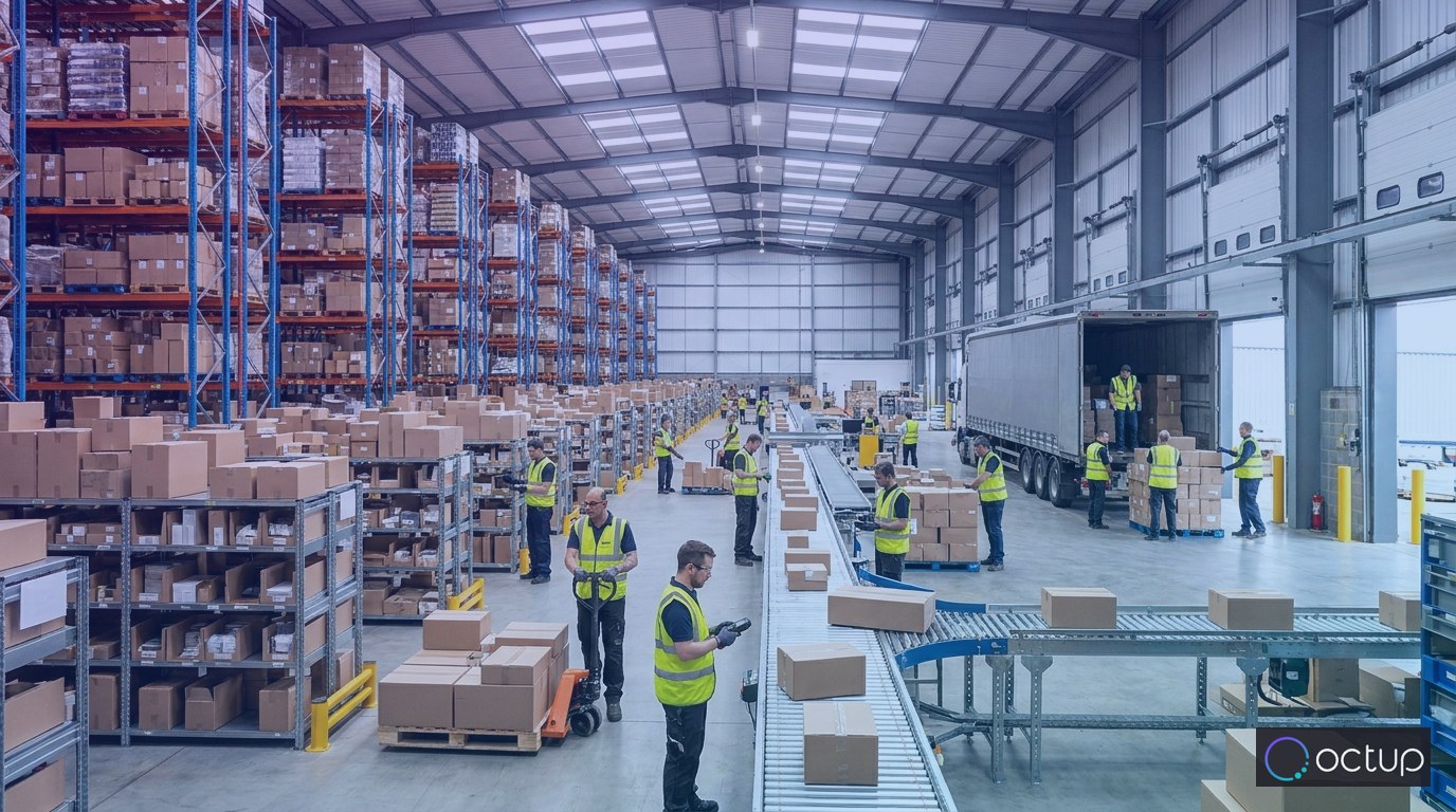 Workers operating inside a large 3PL fulfillment warehouse with shelving aisles, conveyor belts, and an active shipping dock.