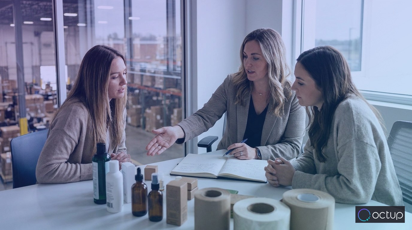 A 3PL account manager and a new brand client reviewing product samples and packaging requirements during an onboarding meeting.