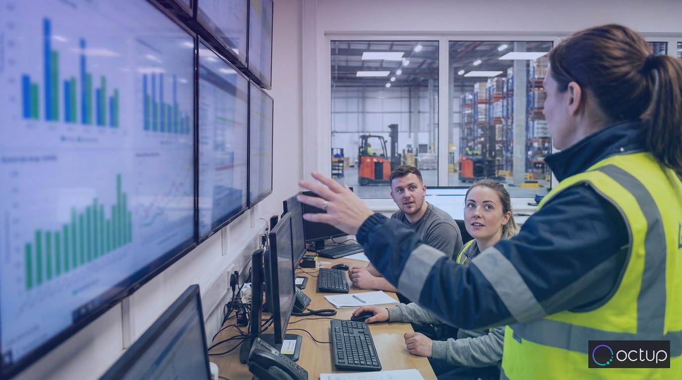 A 3PL operations supervisor reviewing KPI performance dashboards with team members in a warehouse control room.