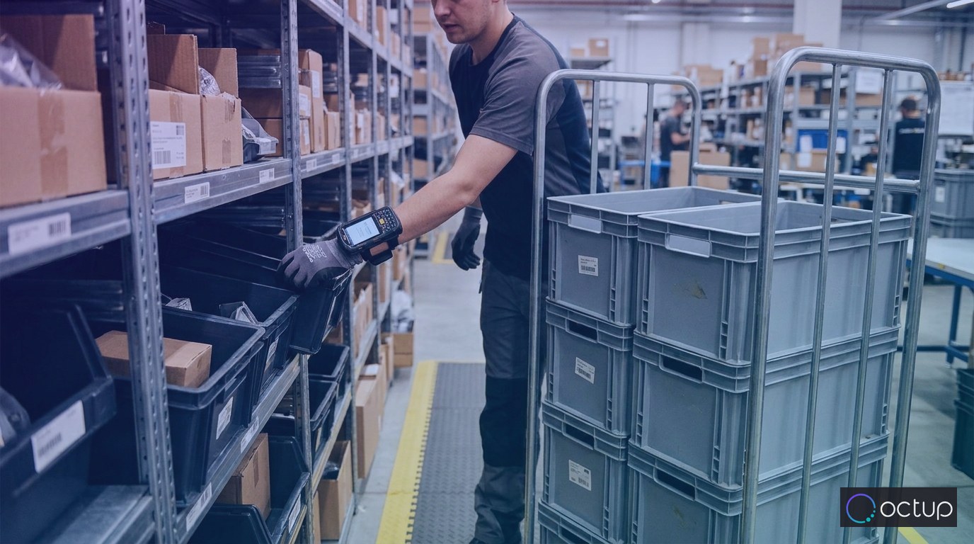 A warehouse picker using a wrist-mounted barcode scanner selects items from a shelving unit during a batch pick run.