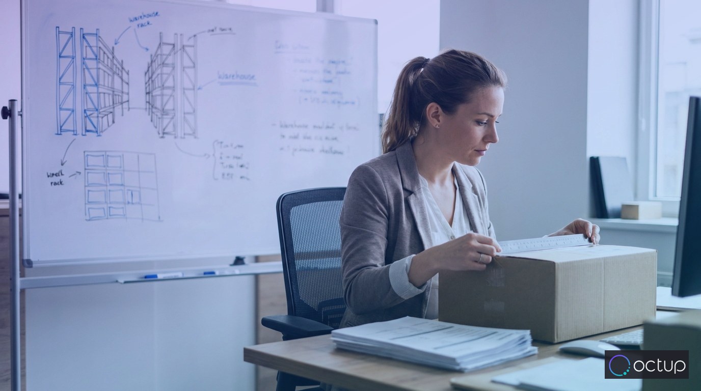 A 3PL billing specialist measuring a shipping box at a desk to verify dimensional storage and accessorial charges.