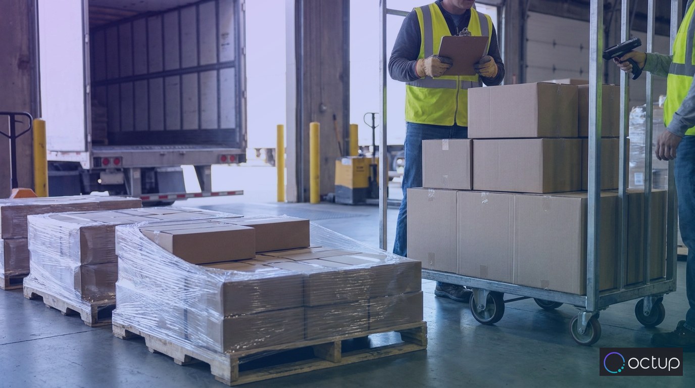 A receiving crew unloading and scanning inbound freight at a 3PL warehouse loading dock.