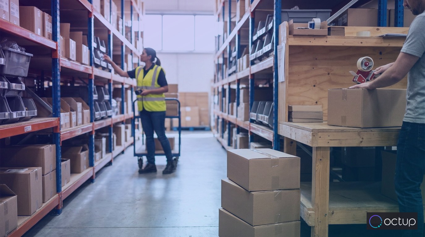 A warehouse picker pulling items from shelf bins while a packer seals shipping boxes at an adjacent packing station.