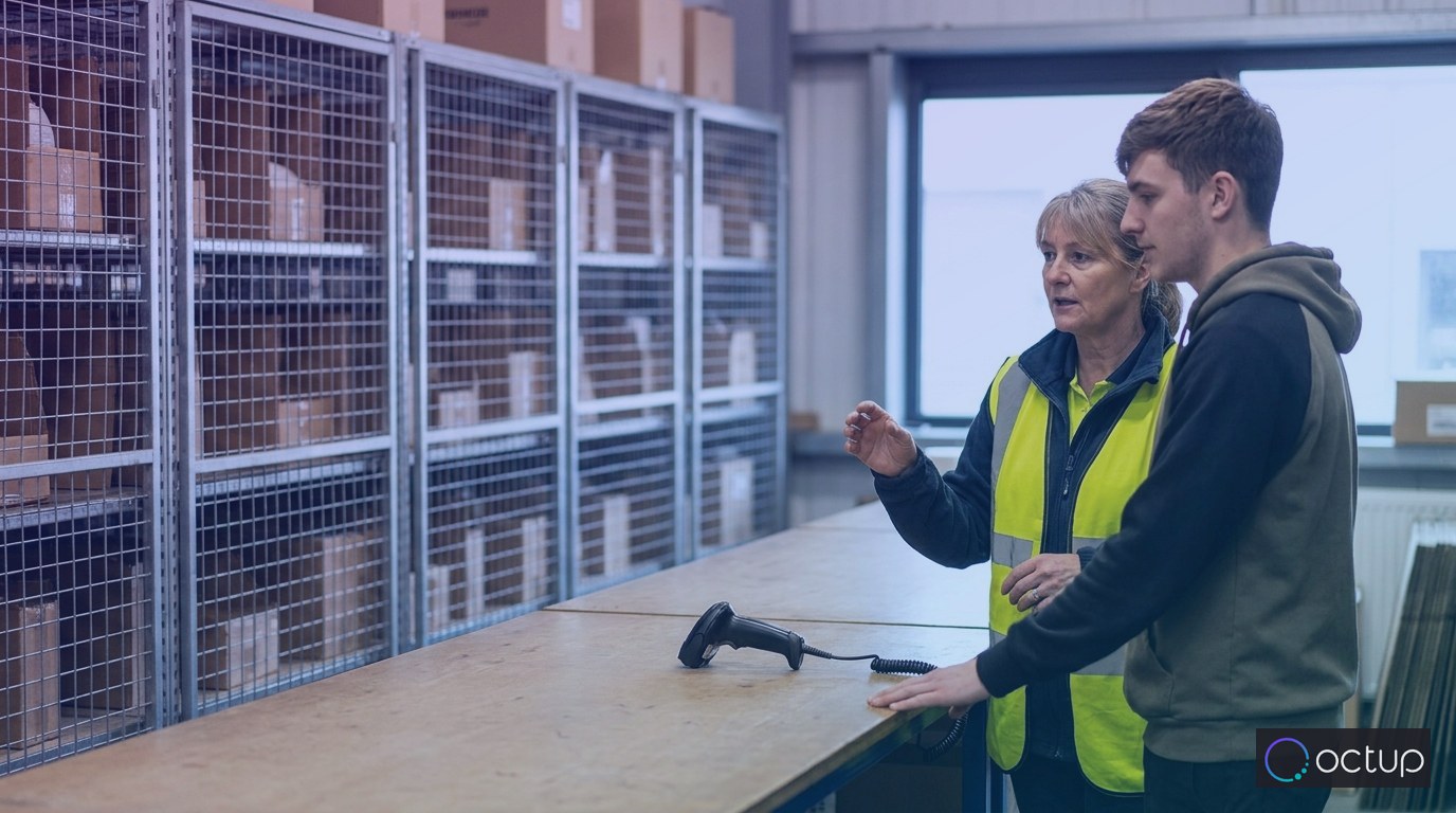A warehouse manager and team member reviewing multi-client inventory separated across distinct shelf bays in a 3PL warehouse.