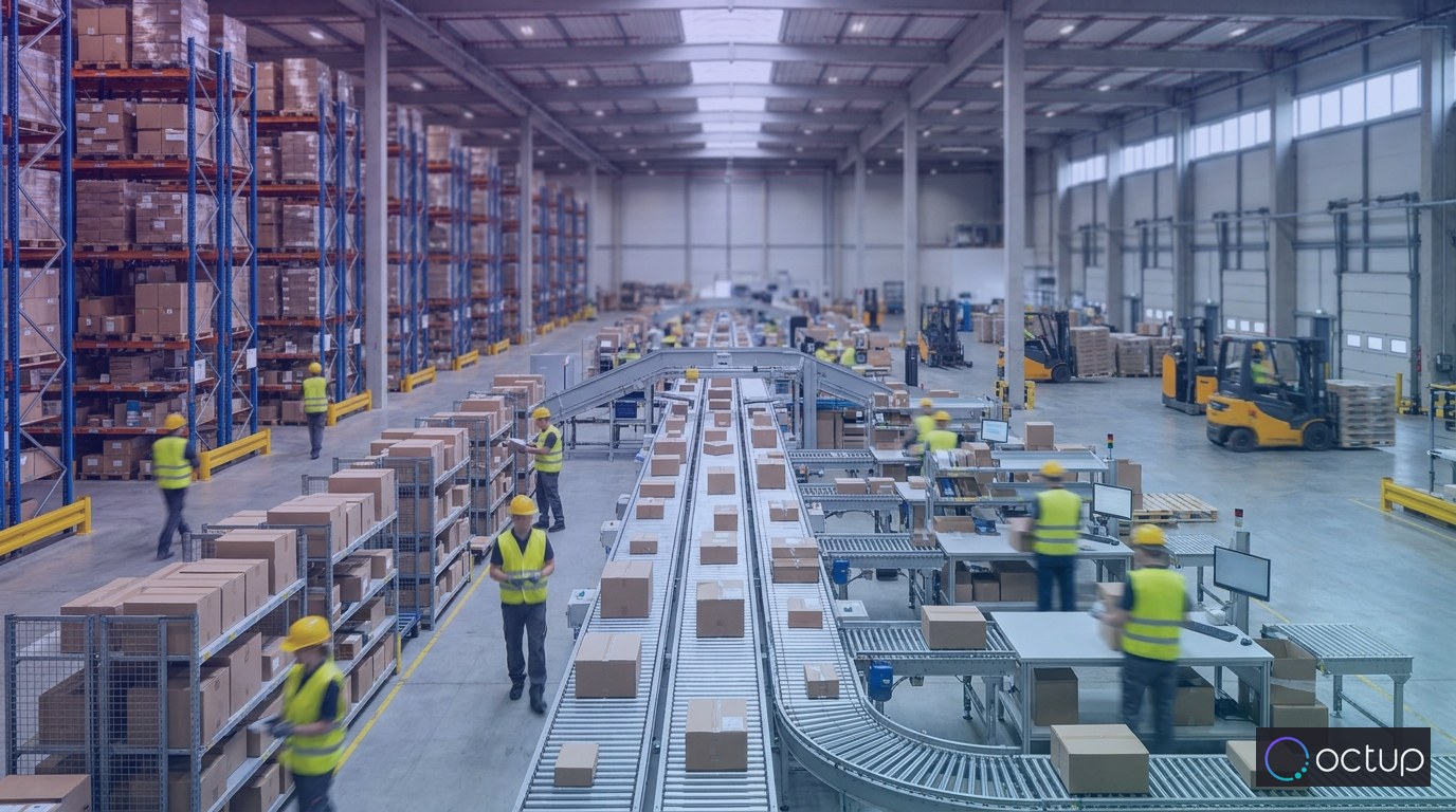 Workers operating inside a large-scale 3PL fulfillment warehouse with conveyor belts and shelving aisles.