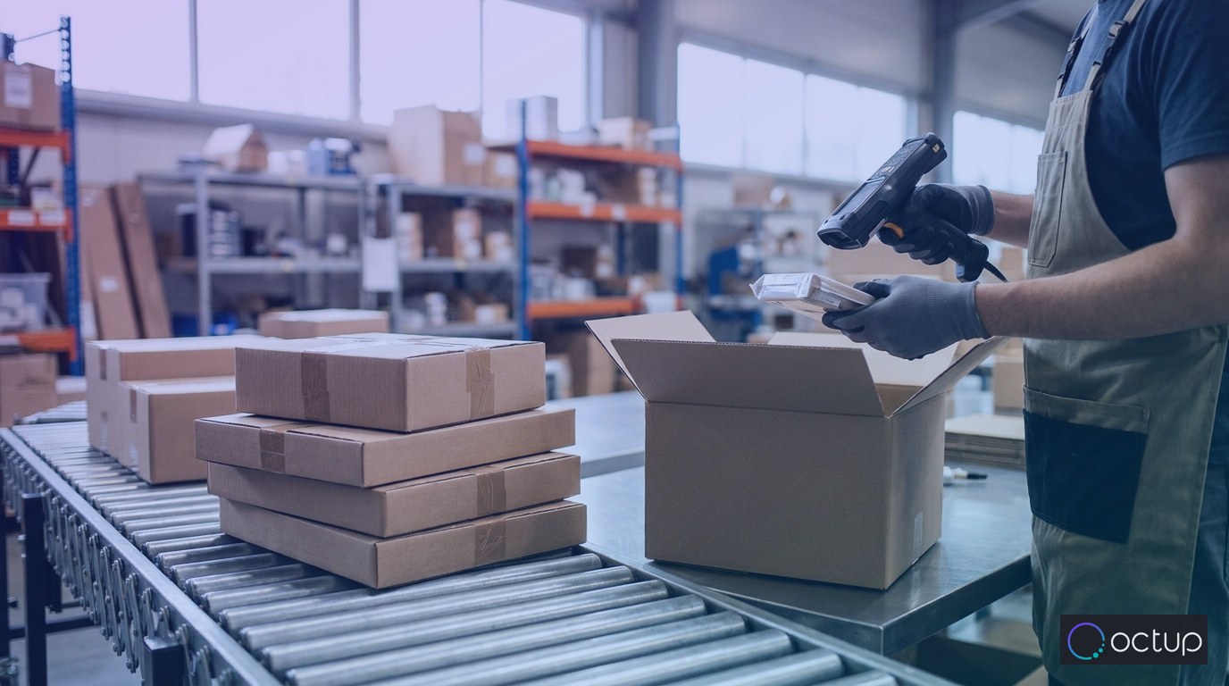 A 3PL warehouse worker scanning a product at a packing station before placing it into a shipping box.
