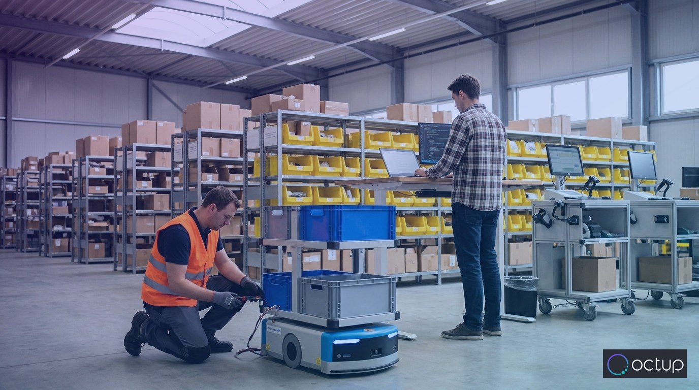 A warehouse technician configuring a robotic picking pod beside a colleague using fulfillment software at a standing desk.