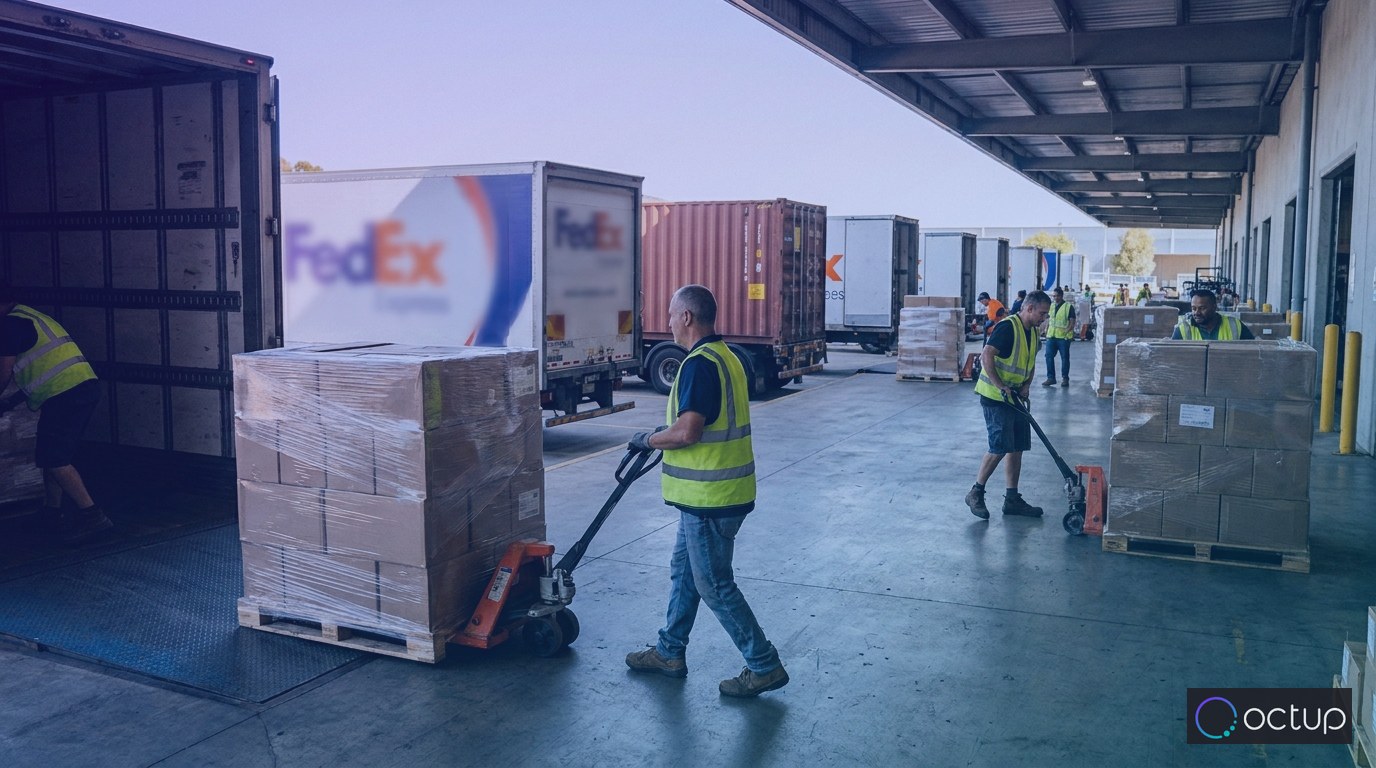 Warehouse staff moving pallets of boxed goods on a busy fulfillment loading dock lined with delivery trucks.