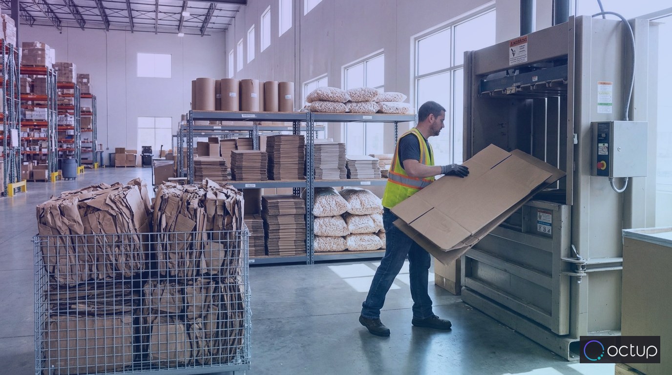 A 3PL warehouse worker feeding used cardboard into a baler as part of a facility-wide packaging waste reduction effort.