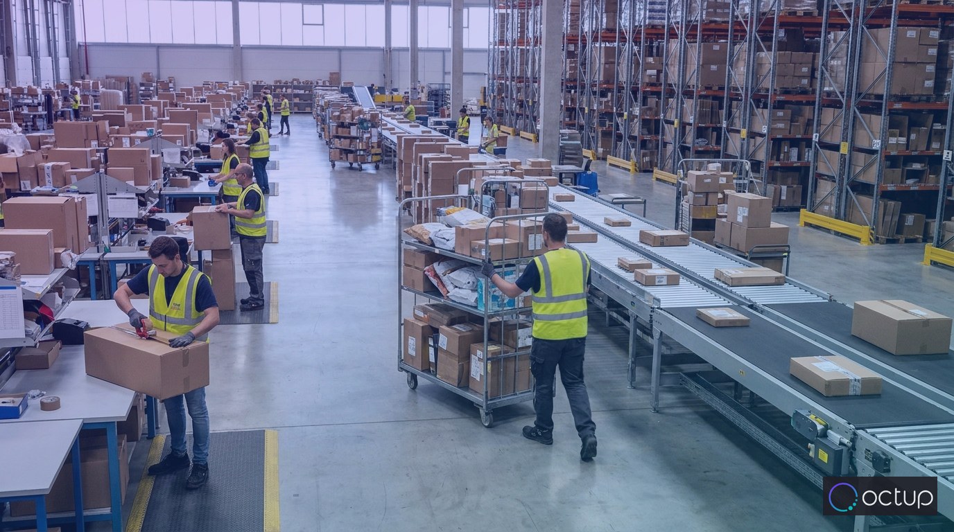 Workers moving orders through an e-commerce fulfillment warehouse with shelving, conveyor belts, and packing stations.