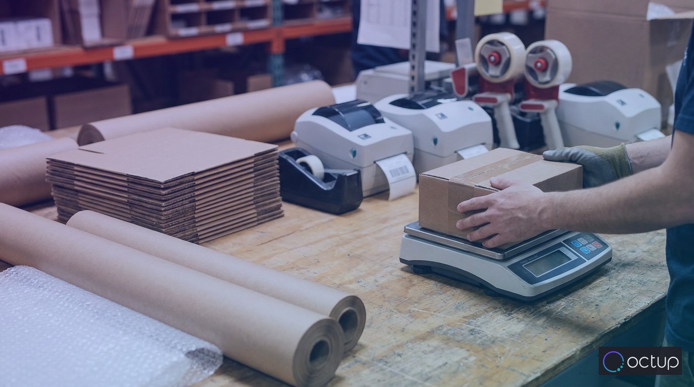A fulfillment center packing station worker weighing a sealed parcel on a postal scale surrounded by packaging materials and shipping supplies.