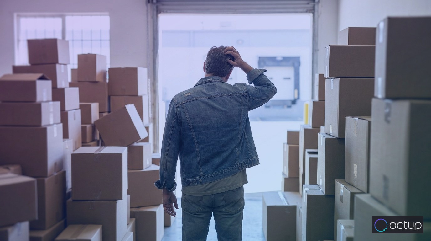 An e-commerce brand founder standing at the threshold of an overstocked, overflowing in-house storage room packed with product inventory.