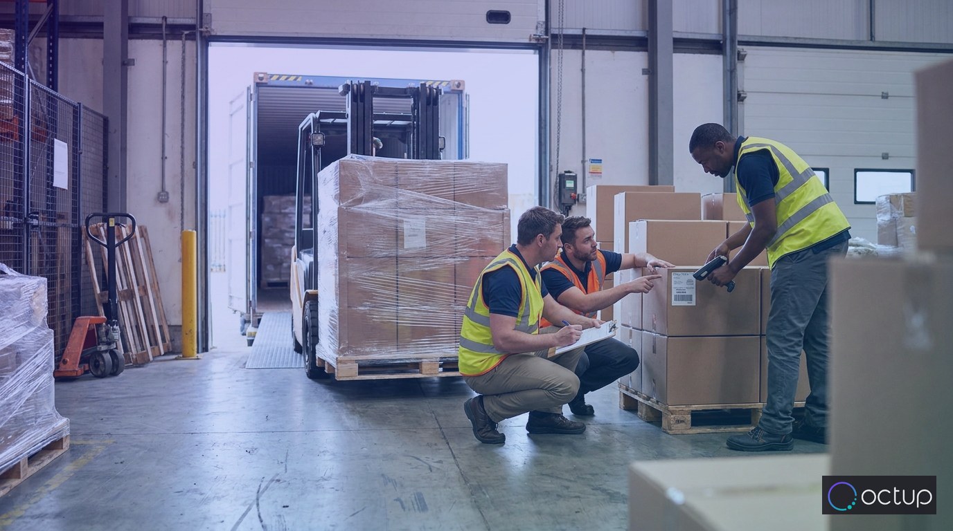 3PL warehouse workers receiving and scanning an inbound freight pallet at a loading dock during the inventory intake process.