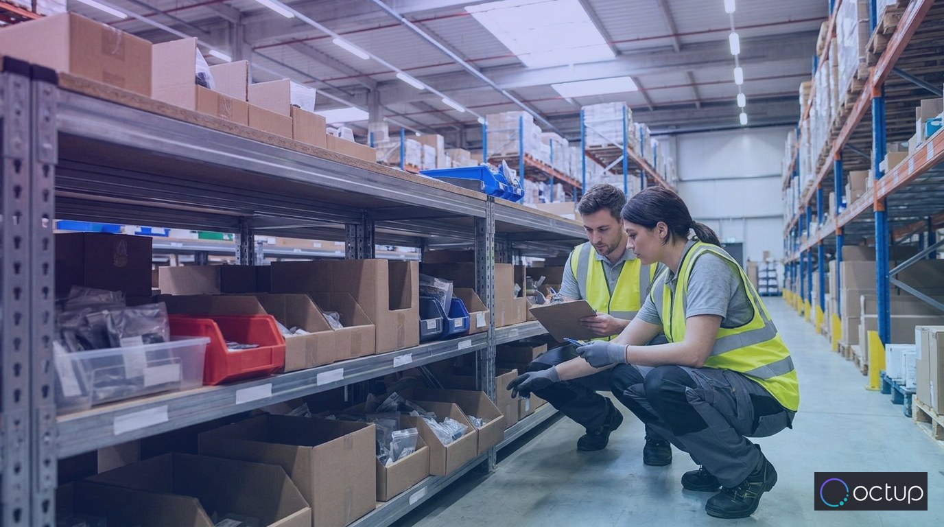 Two warehouse operators performing a physical inventory cycle count beside a product bin shelf in a fulfillment center.