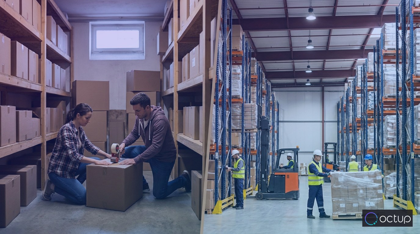 A small self-fulfillment operation in a compact storage room contrasted with a large professional 3PL warehouse environment.