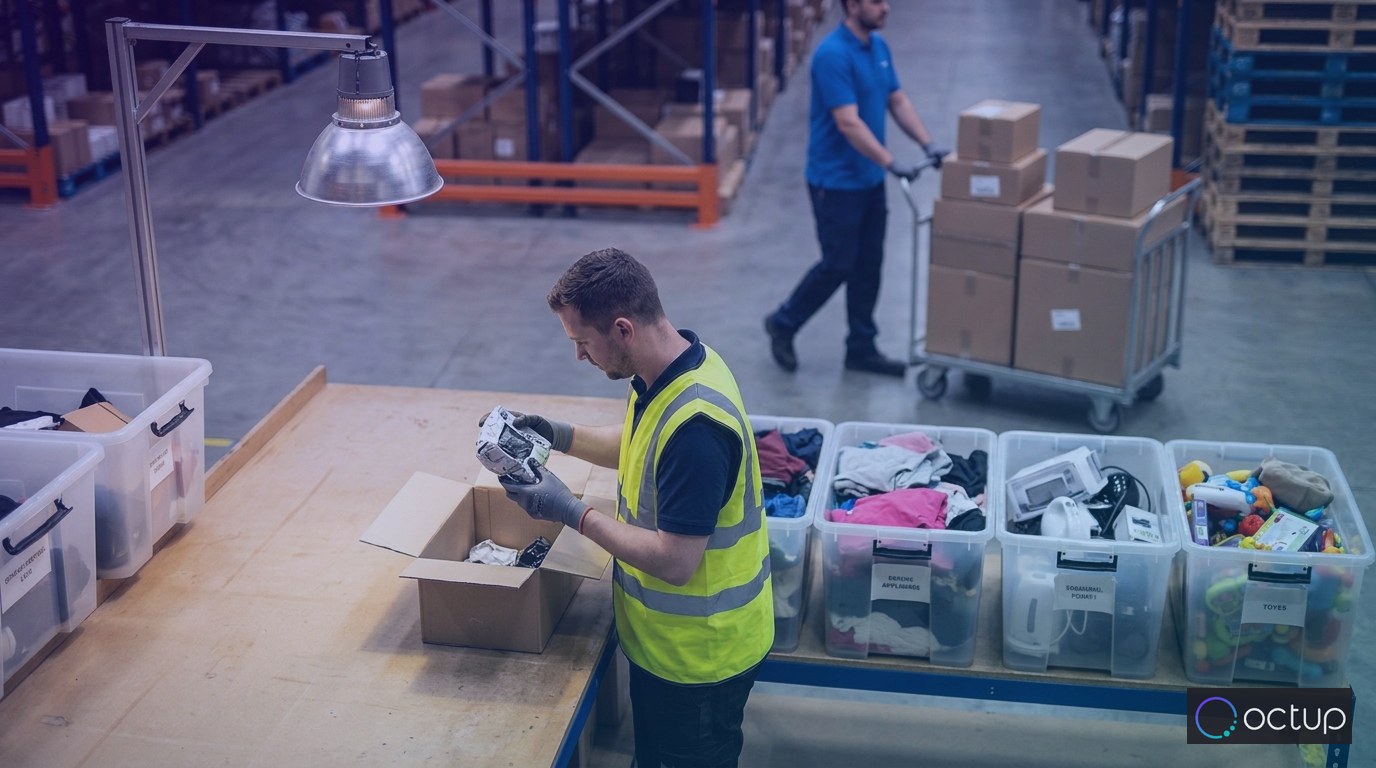 A 3PL warehouse worker inspecting a returned product under a task light before sorting it into one of several condition-graded bins.