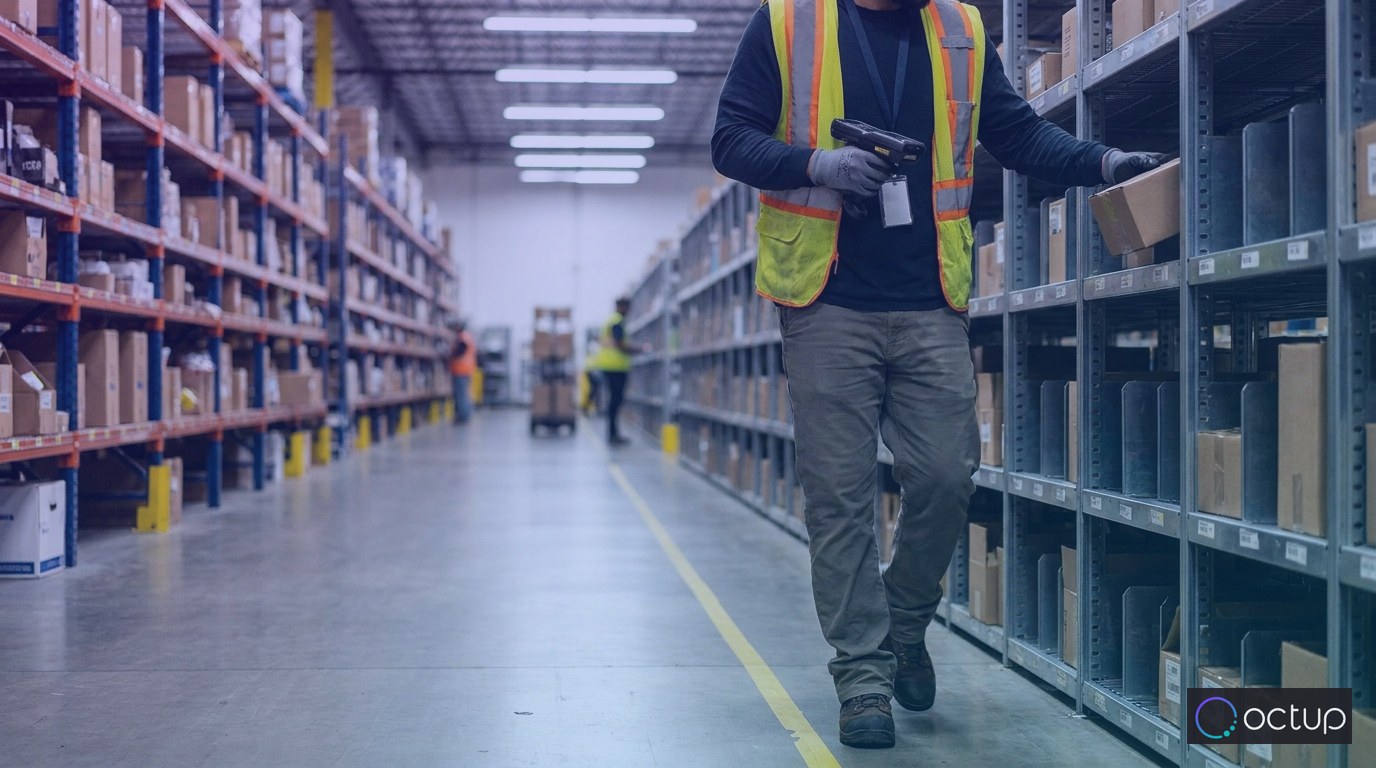 A warehouse associate scanning and picking a product from a shelving aisle during the order fulfillment process.