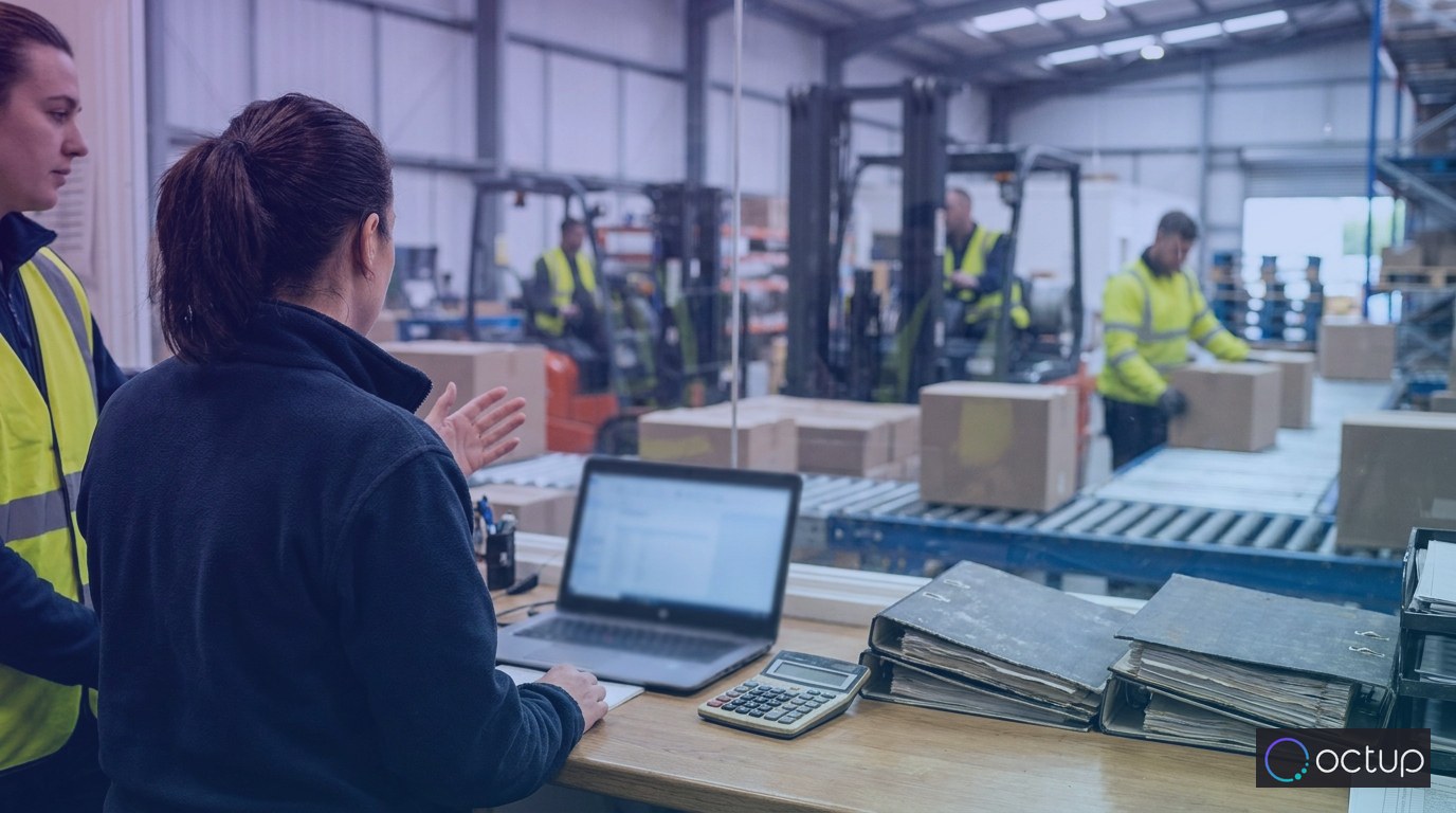 A warehouse operations manager conferring with a colleague at a desk inside a busy 3PL fulfillment center.