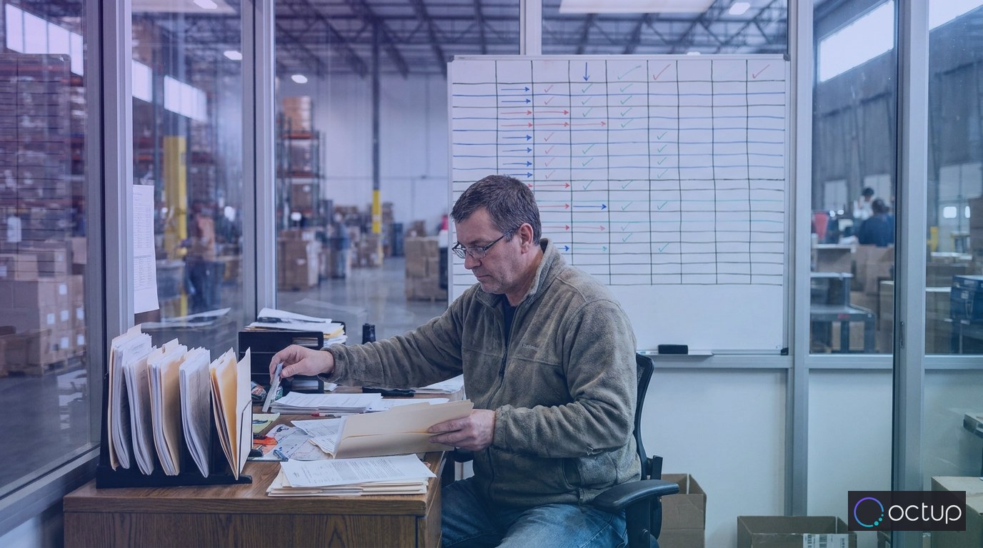 A 3PL pricing analyst organizing client rate-card documents into separate folders at a warehouse office workstation.
