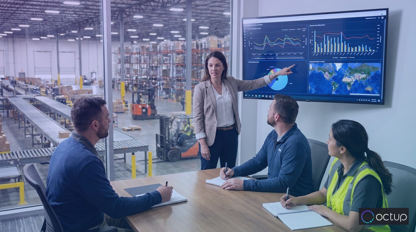 A 3PL software specialist walking warehouse managers through a real-time billing automation dashboard in a fulfillment center conference room.