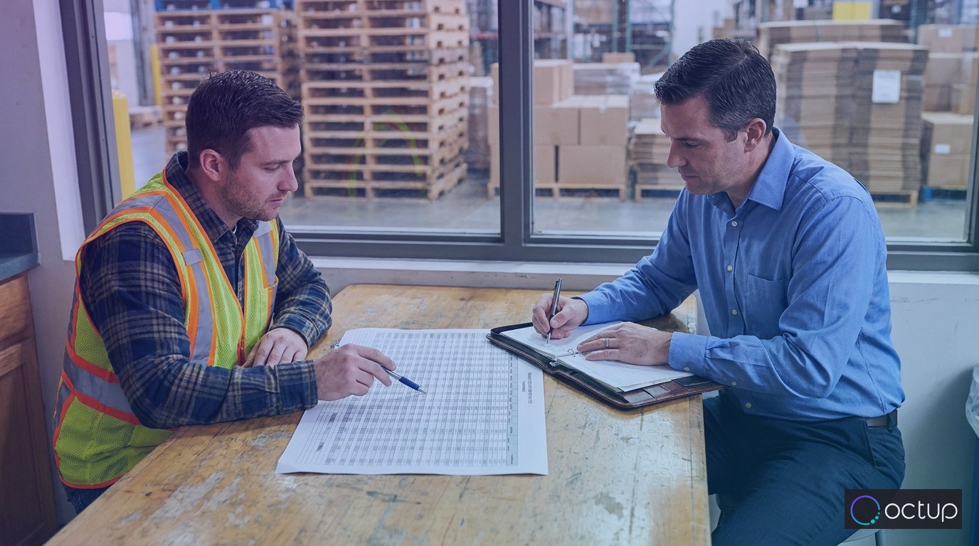 Two 3PL professionals discussing fulfillment billing records at a table inside a logistics facility.