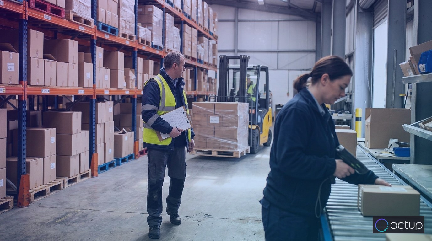 A warehouse supervisor manually tracking inventory movement on a clipboard in a large 3PL fulfillment center aisle.