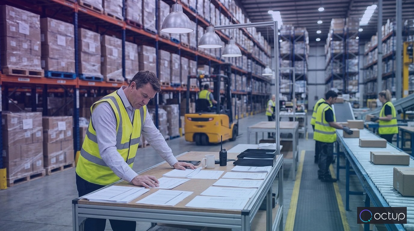 A 3PL operations manager reviewing fulfillment financials at a warehouse workstation beside inventory racking.