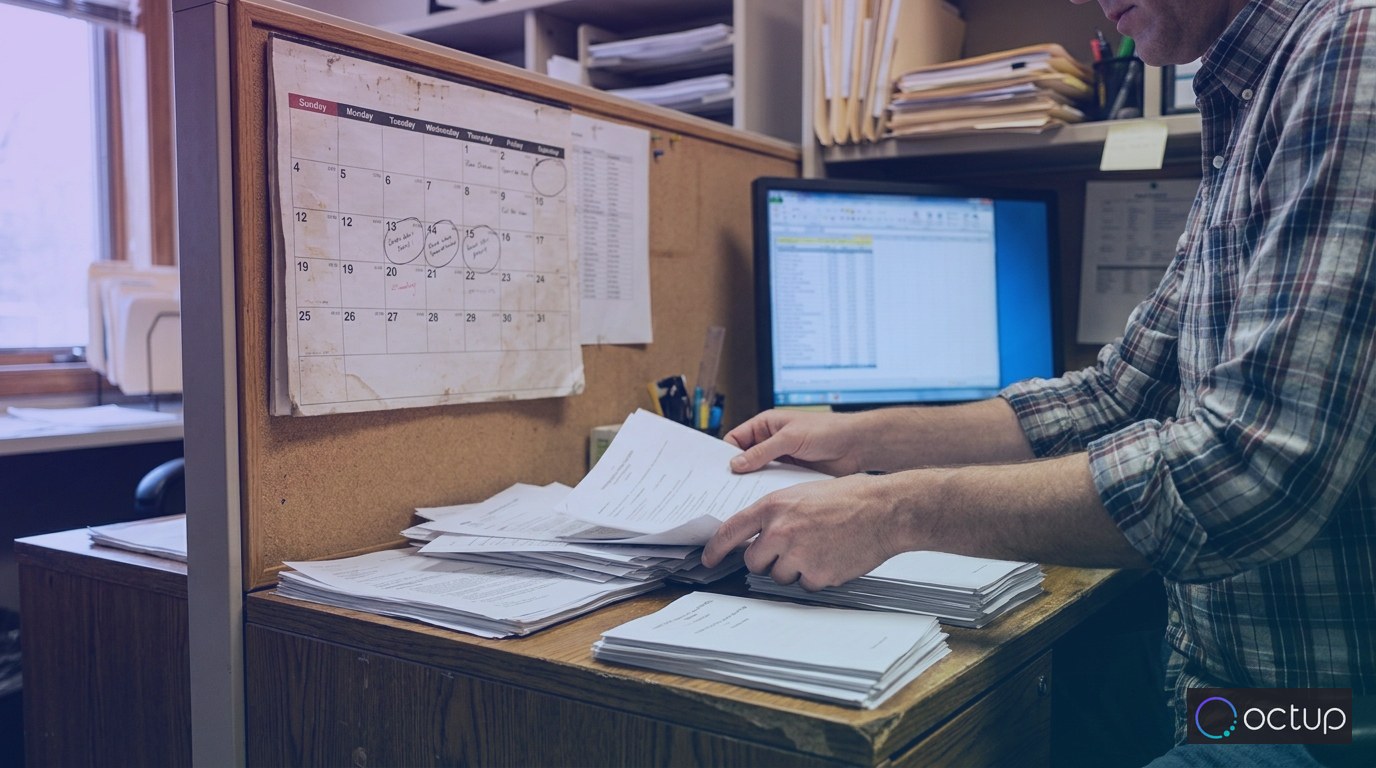 A 3PL billing coordinator organizing fulfillment invoices by date in a back-office environment.