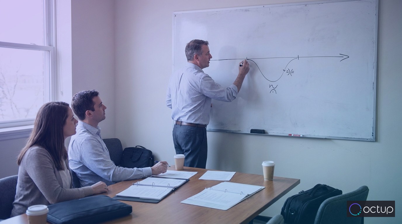 A 3PL finance director illustrating a working capital cash flow gap on a whiteboard for two colleagues in a meeting room.