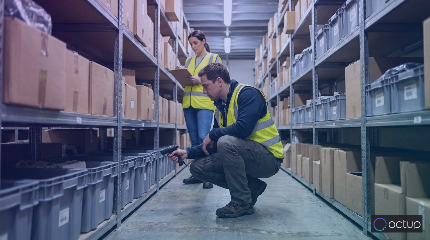 A 3PL analyst performing a per-client inventory count in a dense warehouse aisle using a handheld barcode scanner.