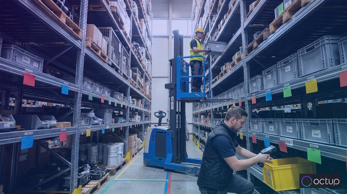 A warehouse picker placing a tote into a designated bin location within a multi-client 3PL storage racking system.