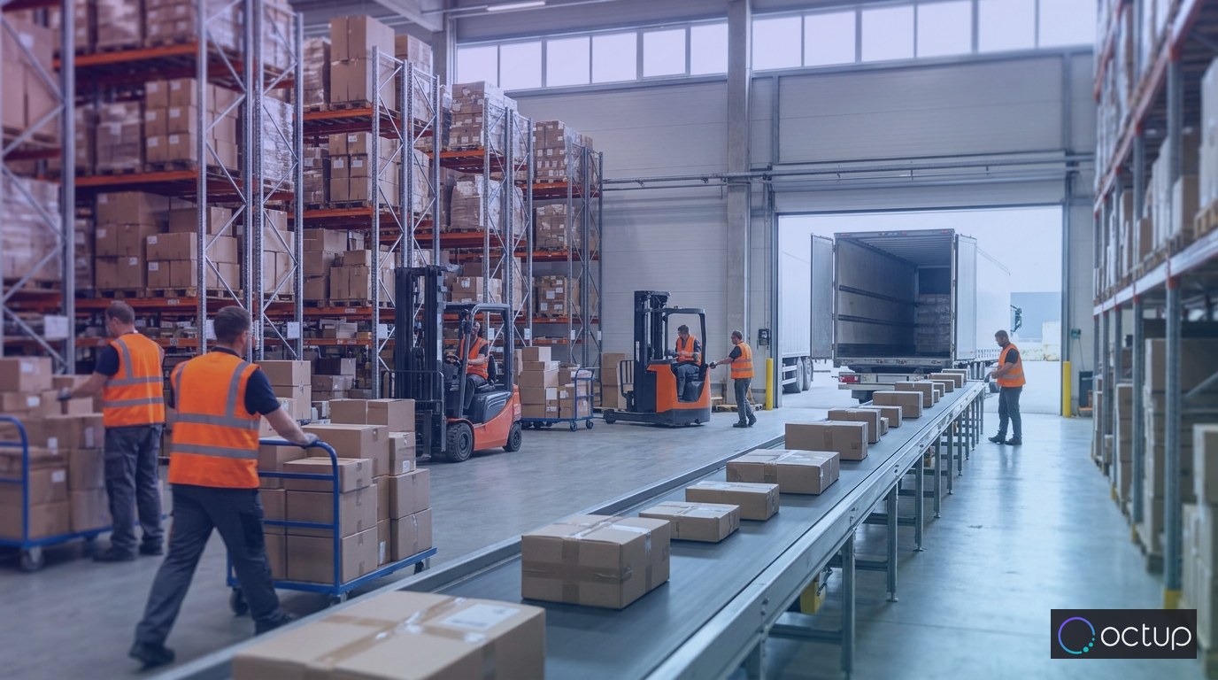 Workers picking inventory in a 3PL fulfillment warehouse as sealed parcels ride a conveyor toward the loading dock.
