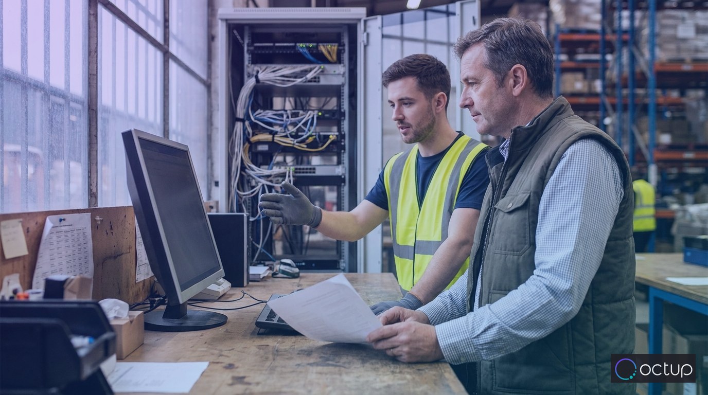 A warehouse operations manager and logistics technician reviewing order routing at a workstation connected to a fulfillment network infrastructure.
