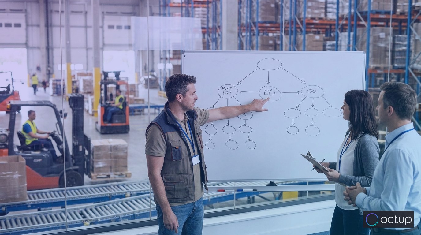 A fulfillment operations supervisor pointing to a process flow diagram on a whiteboard while reviewing order handoff stages with warehouse colleagues.