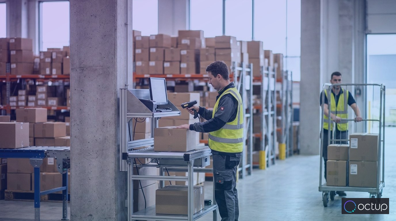 A 3PL warehouse technician using a warehouse management system to process incoming client inventory.