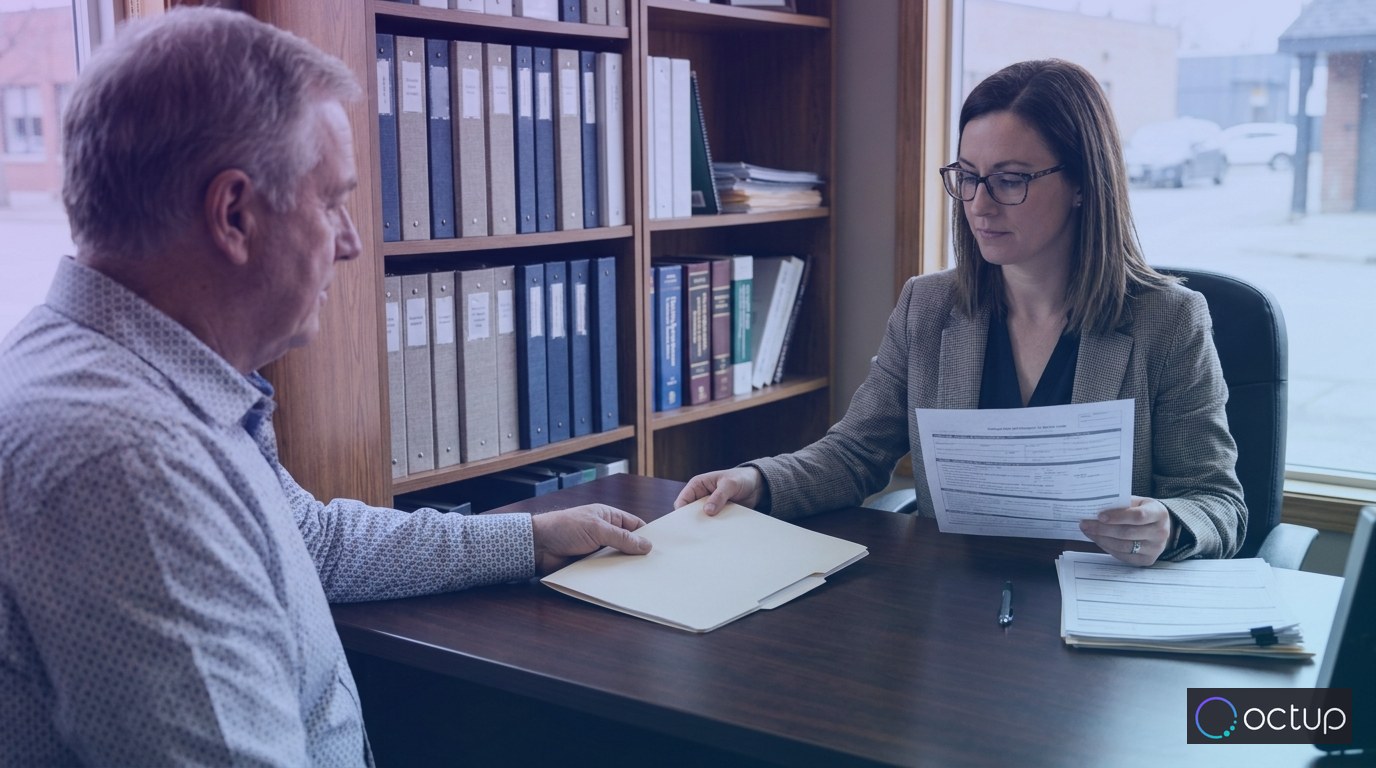 A new 3PL business owner meeting with an insurance broker to secure cargo and warehouse liability coverage.